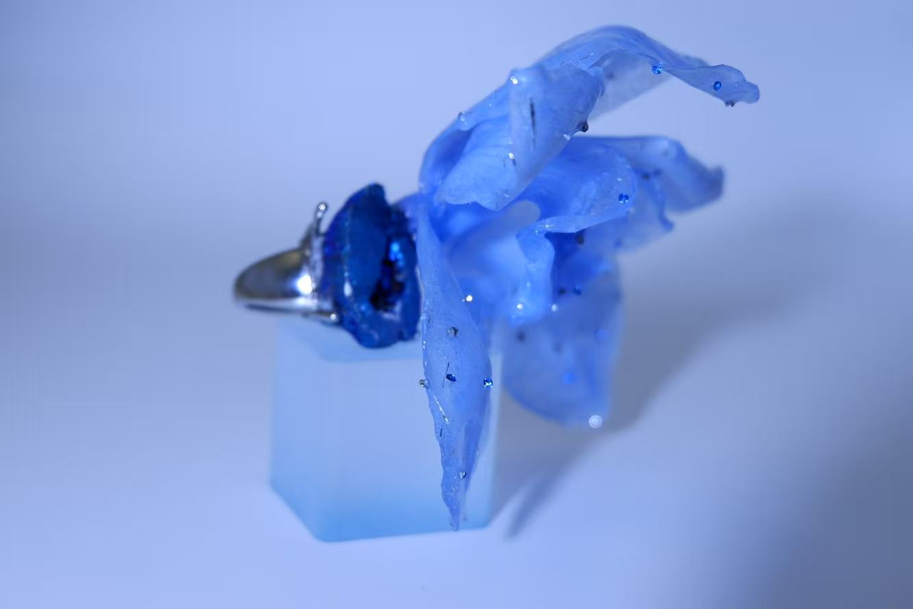 One-of-a-Kind Original Handmade Ring with Blue Geode Natural Ore Crystal, Phalaenopsis and Dried Flowers