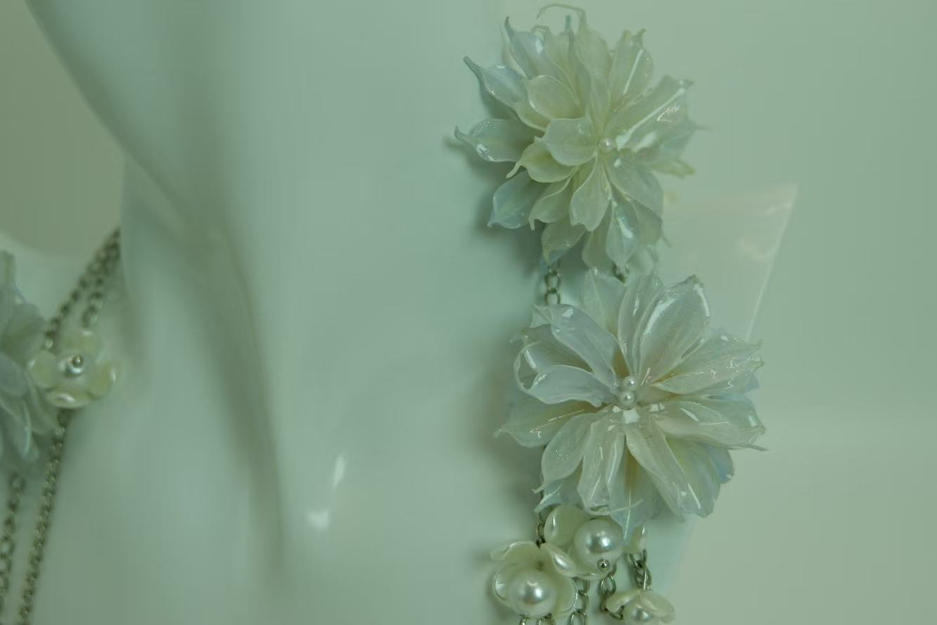 Handmade Iridescent Transparent Light Blue Epiphyllum Layered Necklace