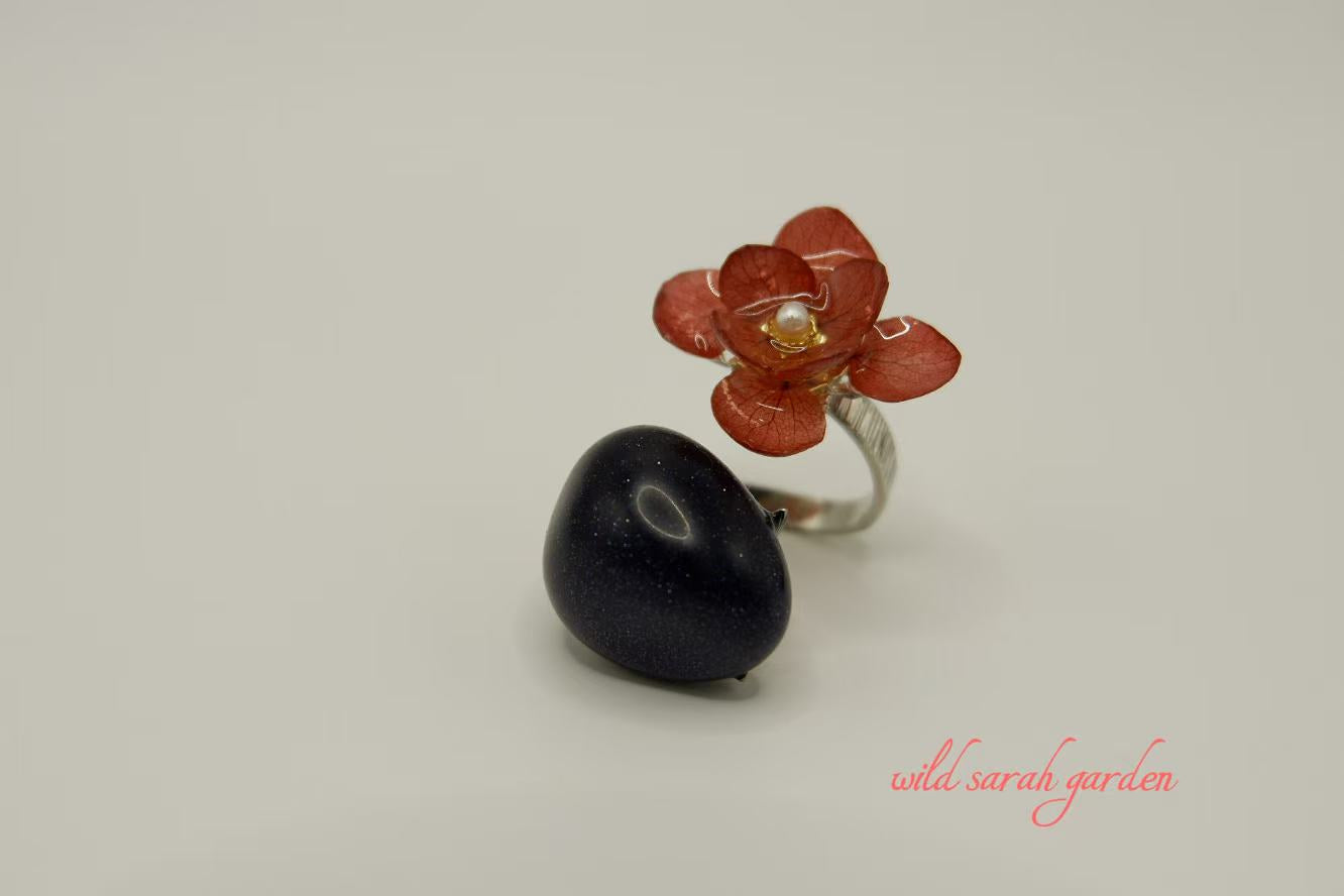 one of a kind (only one available) Handmade Ring Set with Premium Blue Sand Gold and Japanese Preserved Hydrangea