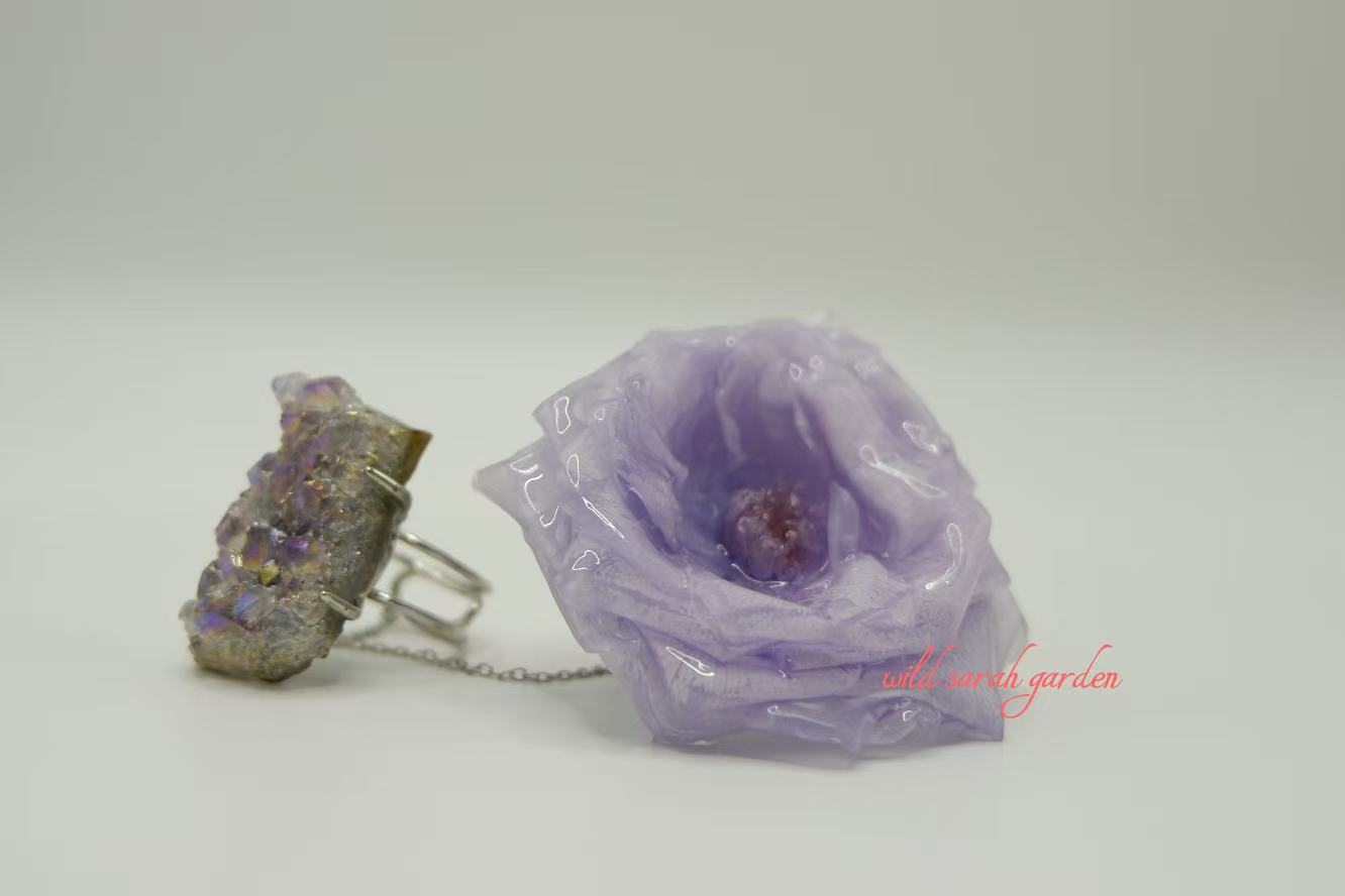 one of a kind (only one available) Handmade Ring Set with Purple Crystal Cluster Ore and Purple Rose