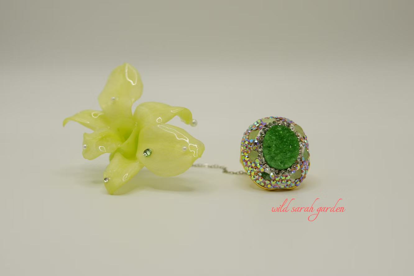 one of a kind (only one available) Handmade Ring Set with Green Ore Crystal and Light Green Phalaenopsis