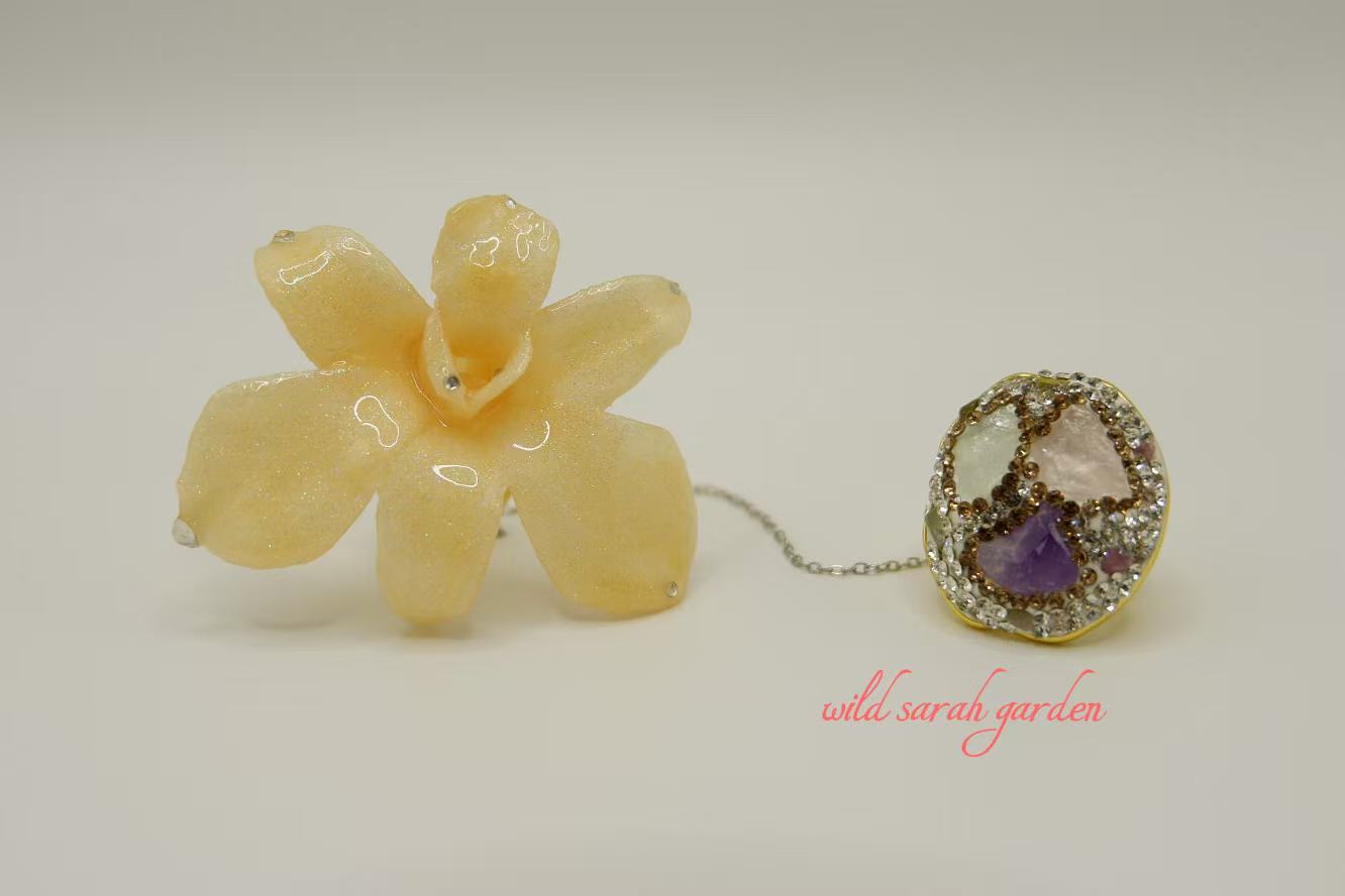 one of a kind (only one available) Handmade Ring Set with Crystal and Phalaenopsis