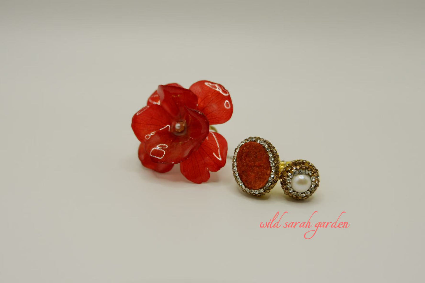 one of a kind (only one available) Handmade Ring Set with Crystal and Red Hydrangea