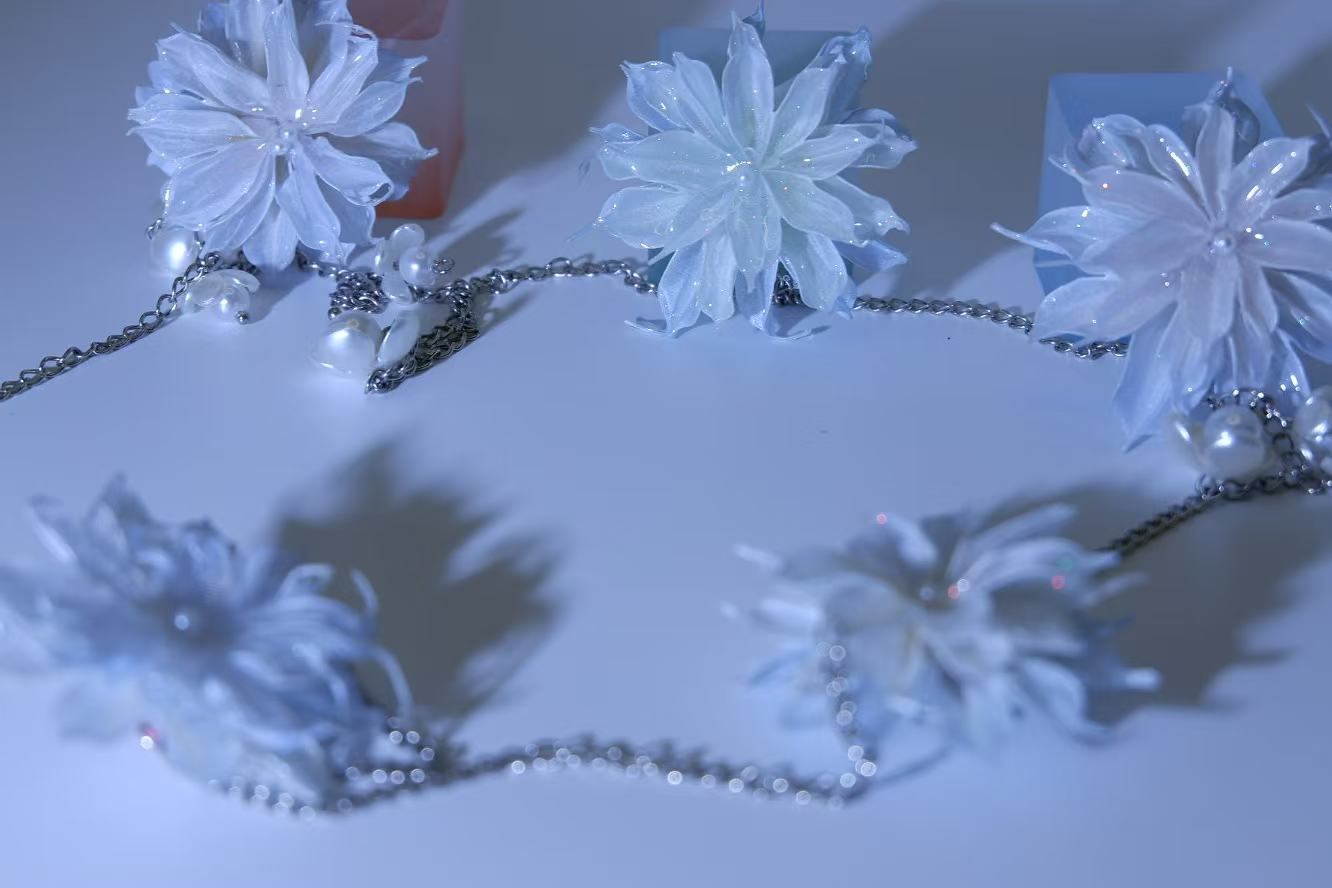 Handmade Iridescent Transparent Light Blue Epiphyllum Layered Necklace