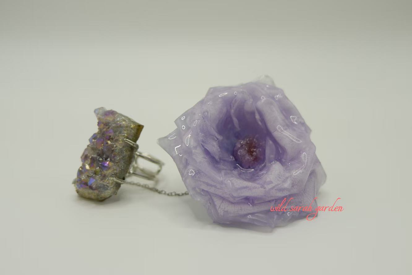 one of a kind (only one available) Handmade Ring Set with Purple Crystal Cluster Ore and Purple Rose