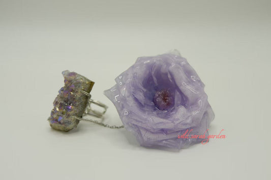 one of a kind (only one available) Handmade Ring Set with Purple Crystal Cluster Ore and Purple Rose