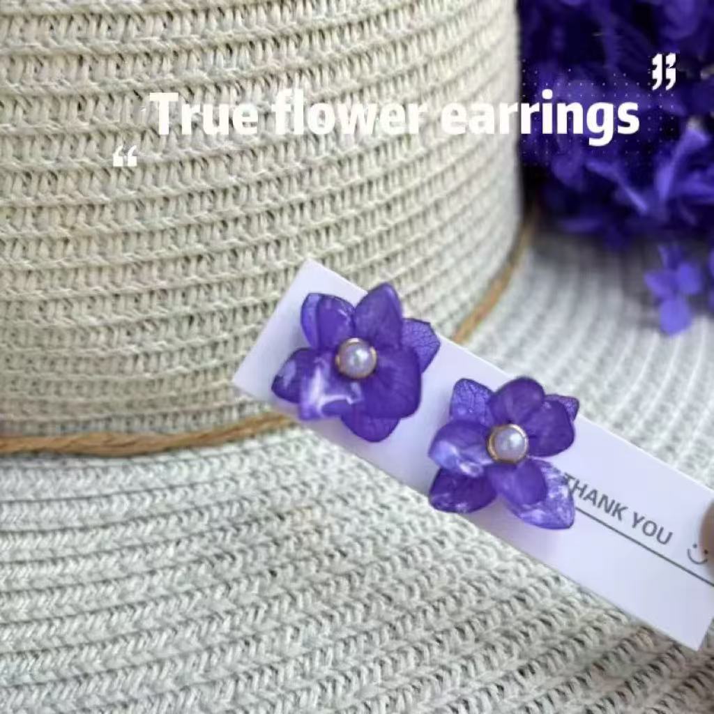 Handmade Real Flower Earrings, Dried Flower Hydrangea Resin Earrings