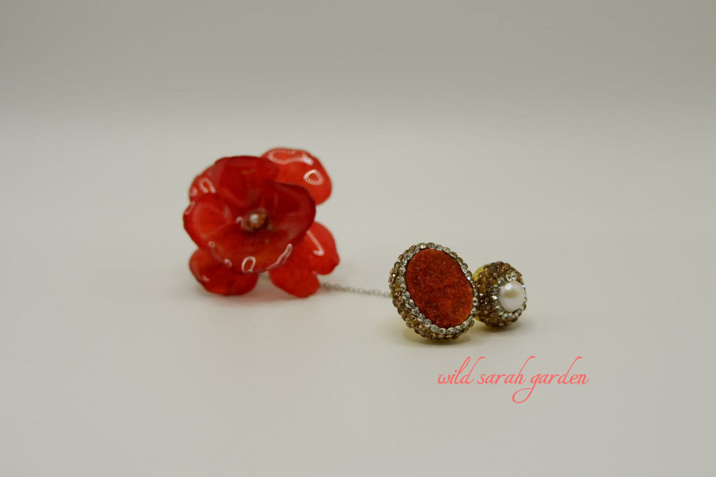 one of a kind (only one available)  Handmade Ring Set with Crystal and Red Hydrangea