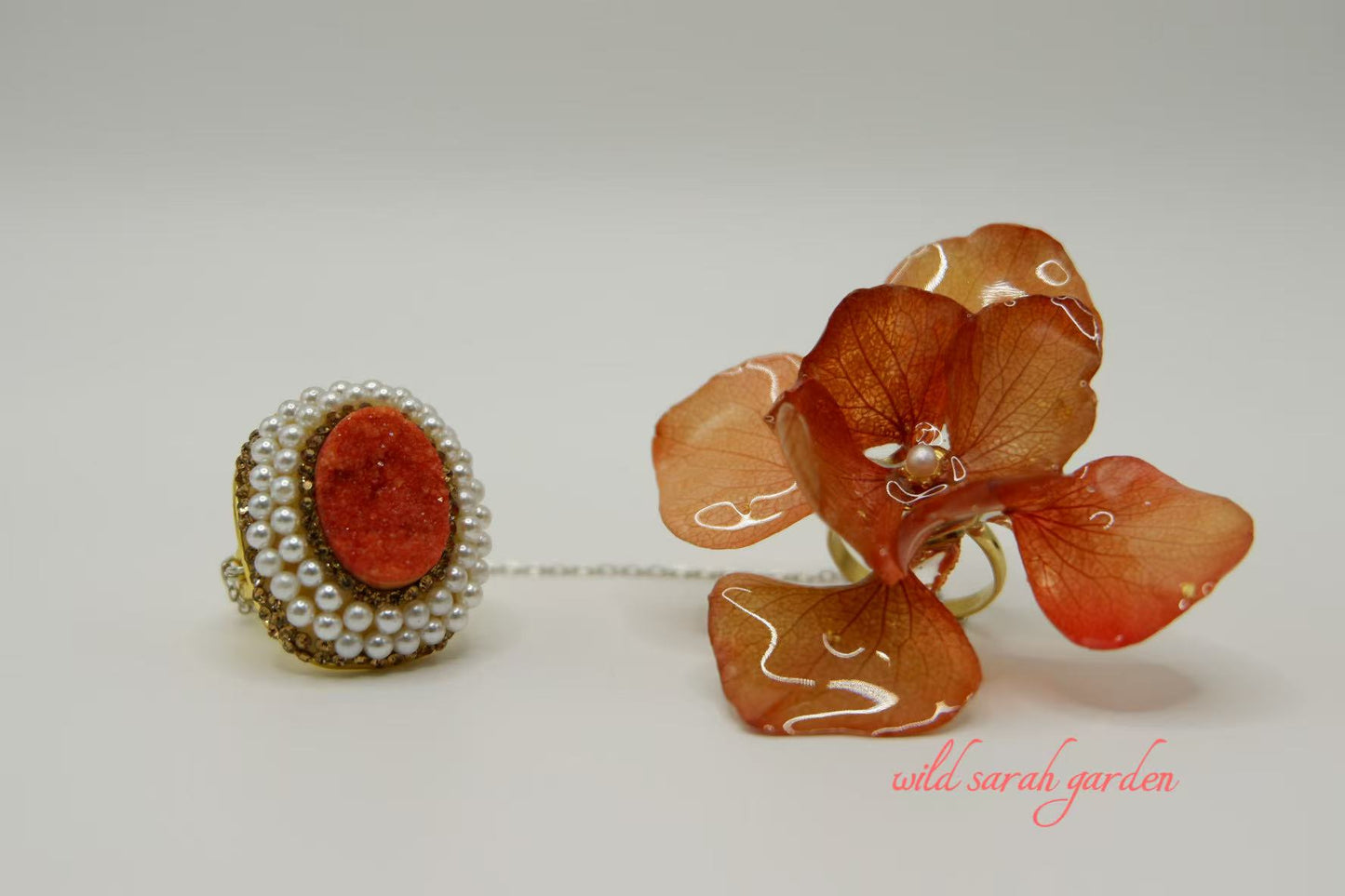 one of a kind (only one available)  Handmade Ring Set with Orange Crystal Ore and Japanese Preserved Hydrangea