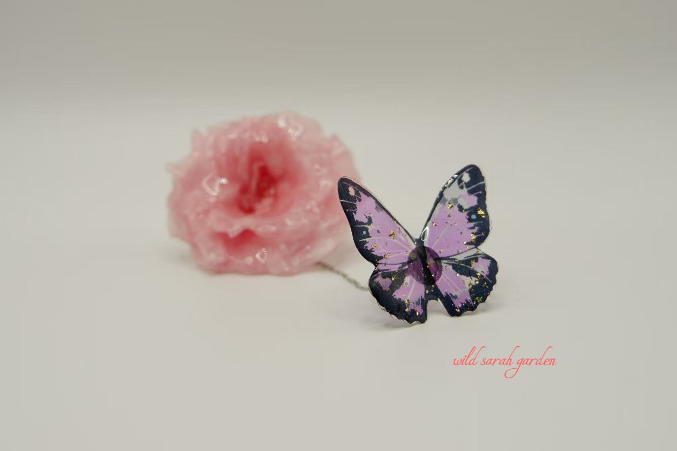 one of a kind (only one available)  Handmade Ring Set with Pressed Dried Rose and Butterfly