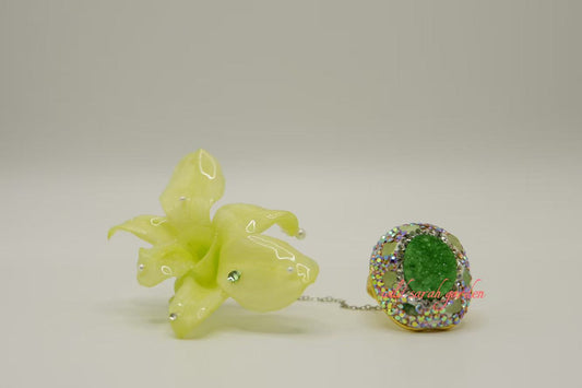 one of a kind (only one available)  Handmade Ring Set with Green Ore Crystal and Light Green Phalaenopsis