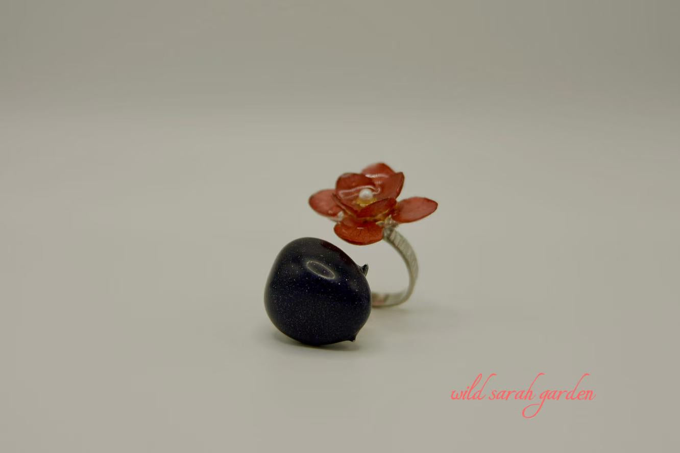 one of a kind (only one available)  Handmade Ring Set with Premium Blue Sand Gold and Japanese Preserved Hydrangea