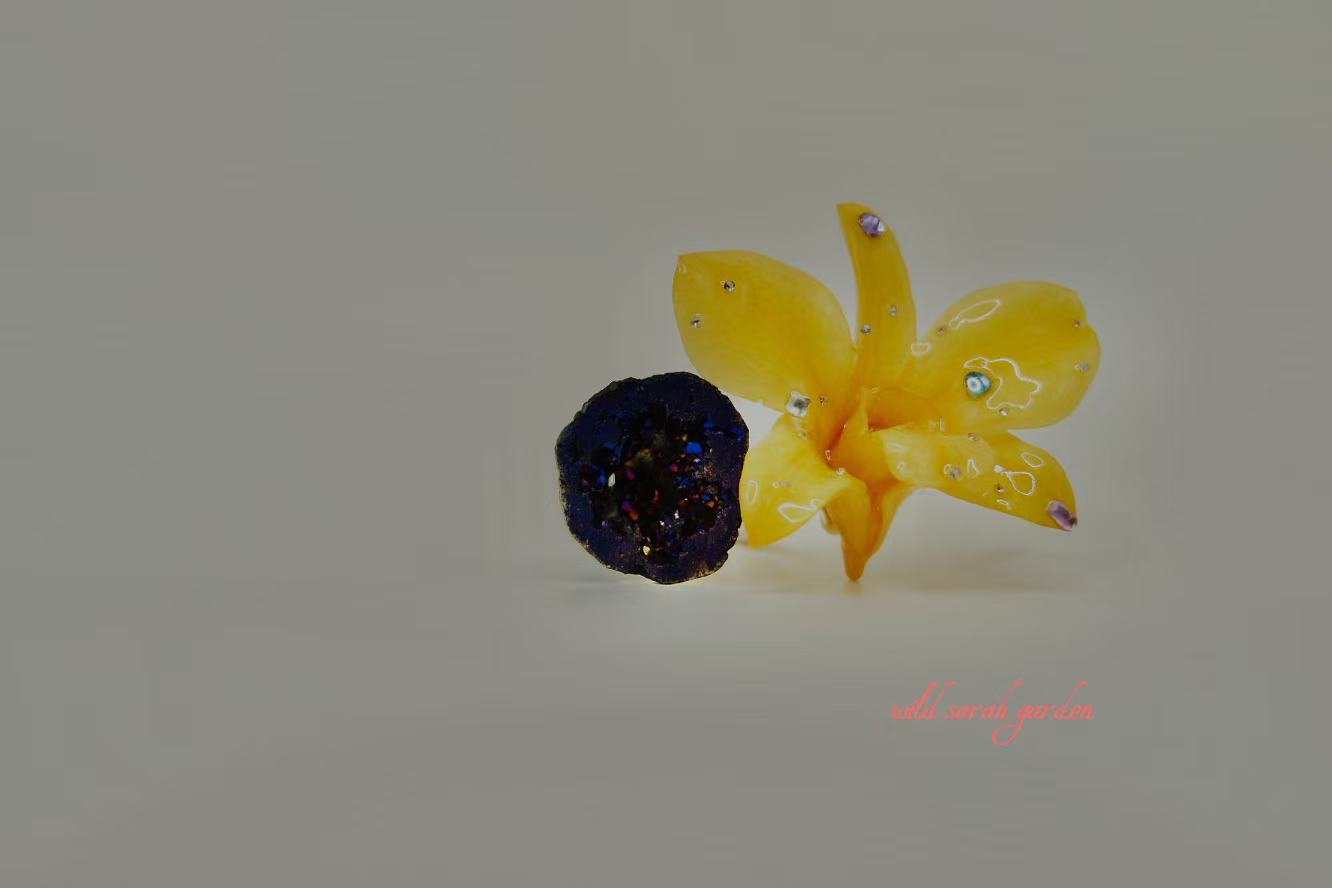 one of a kind (only one available)  Handmade Resin Ring with Purple Crystal Geode, Agate, Pressed Flowers and Phalaenopsis