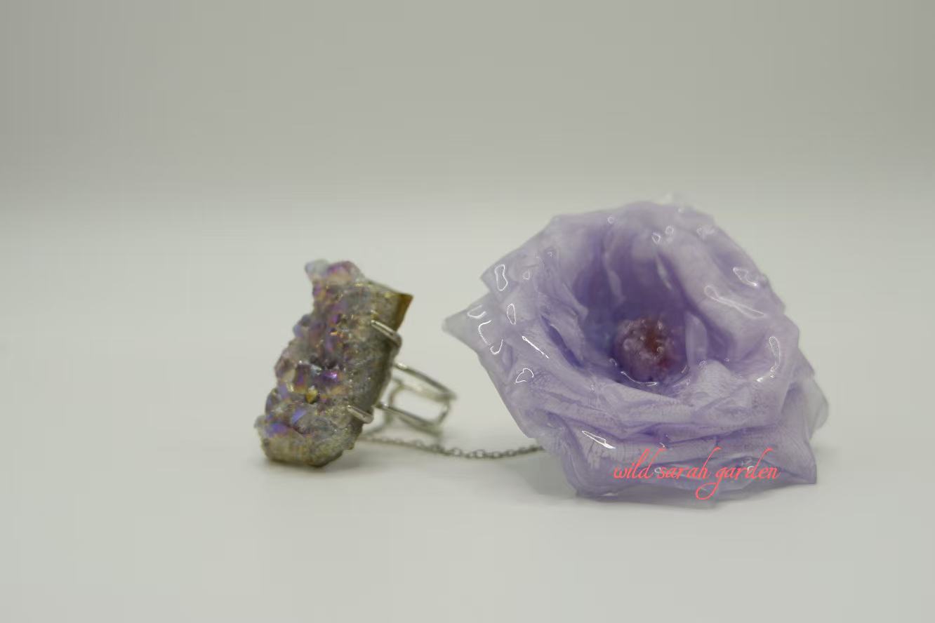 one of a kind (only one available) Handmade Ring Set with Purple Crystal Cluster Ore and Purple Rose