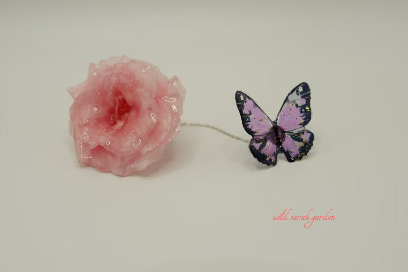 one of a kind (only one available)  Handmade Ring Set with Pressed Dried Rose and Butterfly
