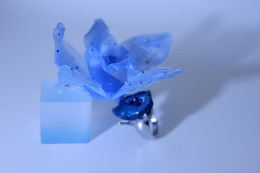 One-of-a-Kind Original Handmade Ring with Blue Geode Natural Ore Crystal, Phalaenopsis and Dried Flowers