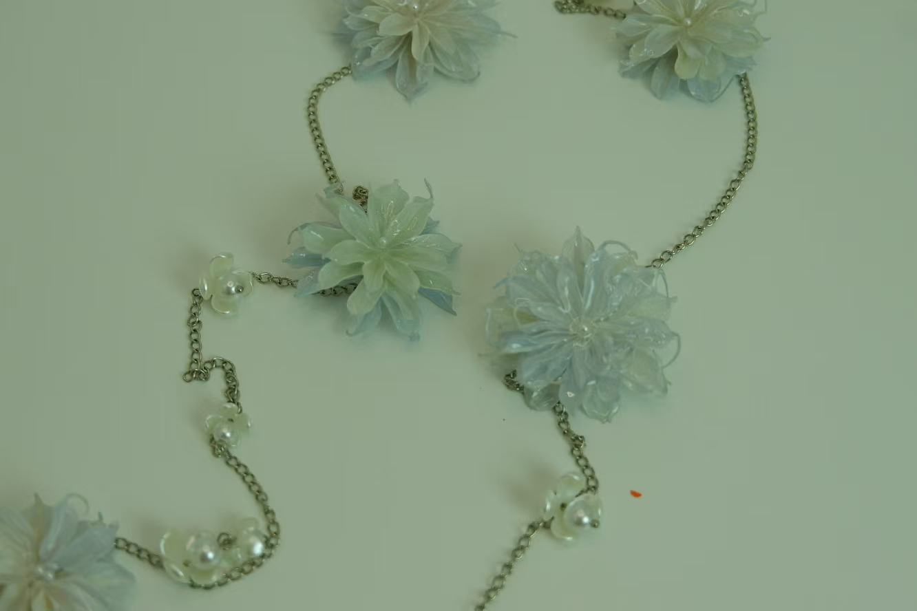 Handmade Iridescent Transparent Light Blue Epiphyllum Layered Necklace