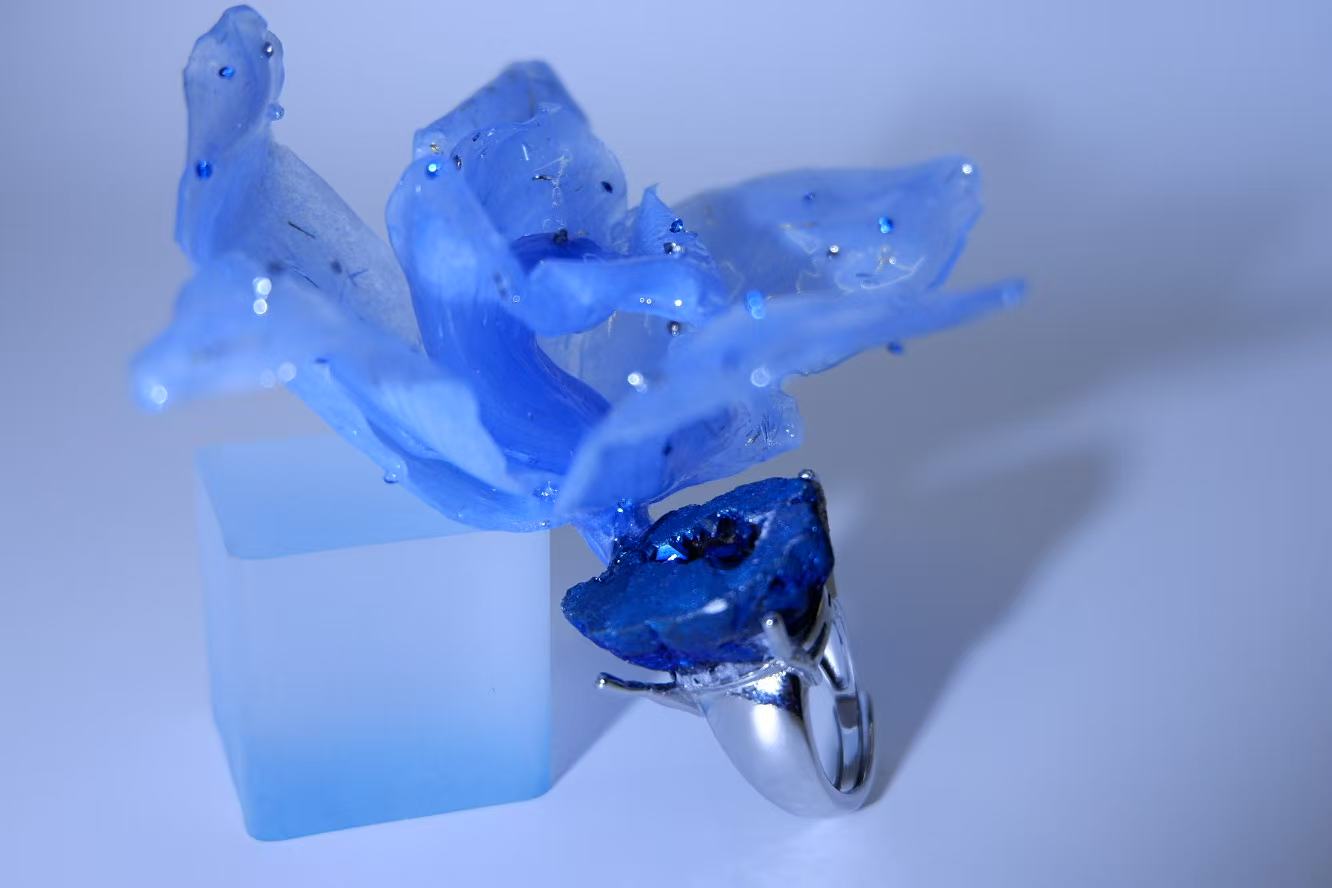 One-of-a-Kind Original Handmade Ring with Blue Geode Natural Ore Crystal, Phalaenopsis and Dried Flowers