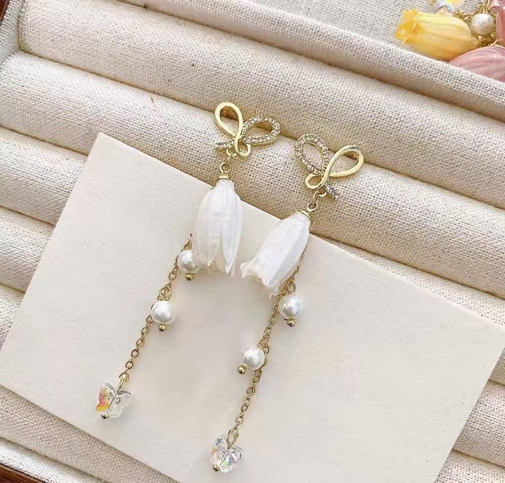 Handmade Dried Real Flower Lily of the Valley Butterfly Drop Earrings