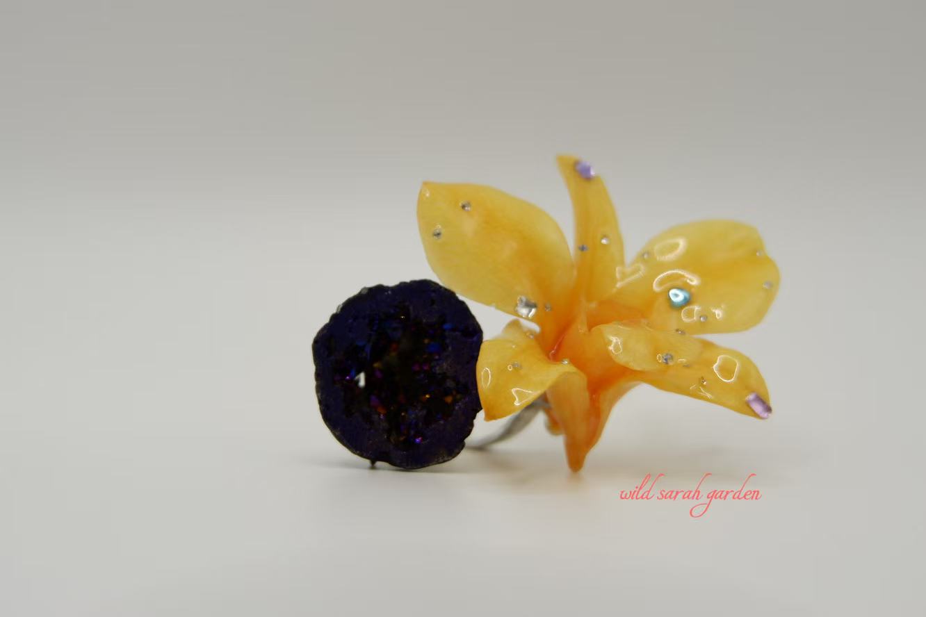 one of a kind (only one available)  Handmade Resin Ring with Purple Crystal Geode, Agate, Pressed Flowers and Phalaenopsis