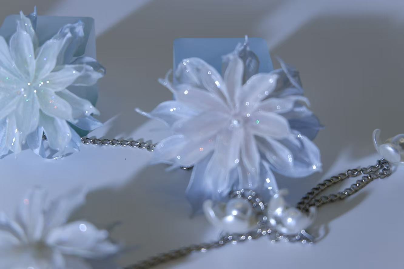 Handmade Iridescent Transparent Light Blue Epiphyllum Layered Necklace