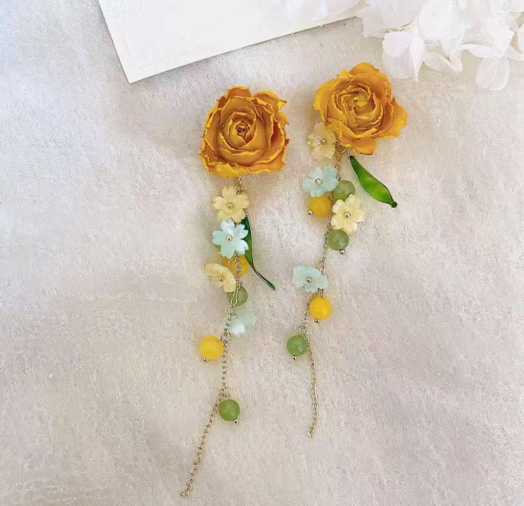 Handmade Dried Flower Rose Tassel Earrings