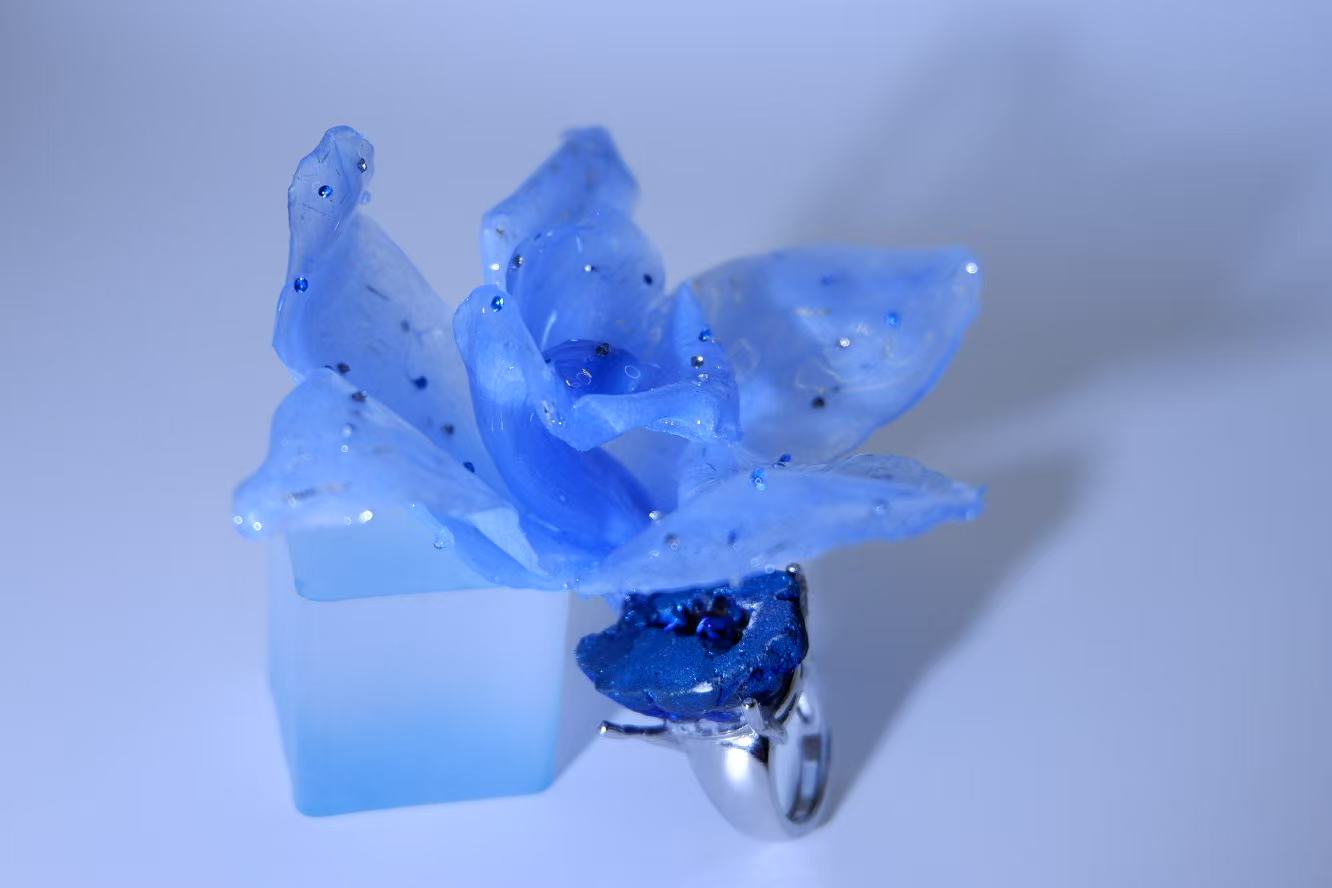 One-of-a-Kind Original Handmade Ring with Blue Geode Natural Ore Crystal, Phalaenopsis and Dried Flowers