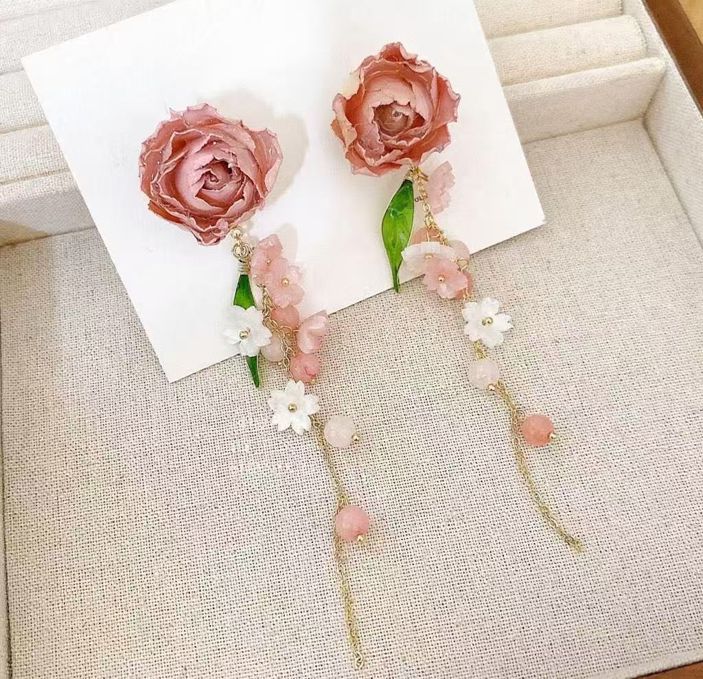Handmade Dried Flower Rose Tassel Earrings