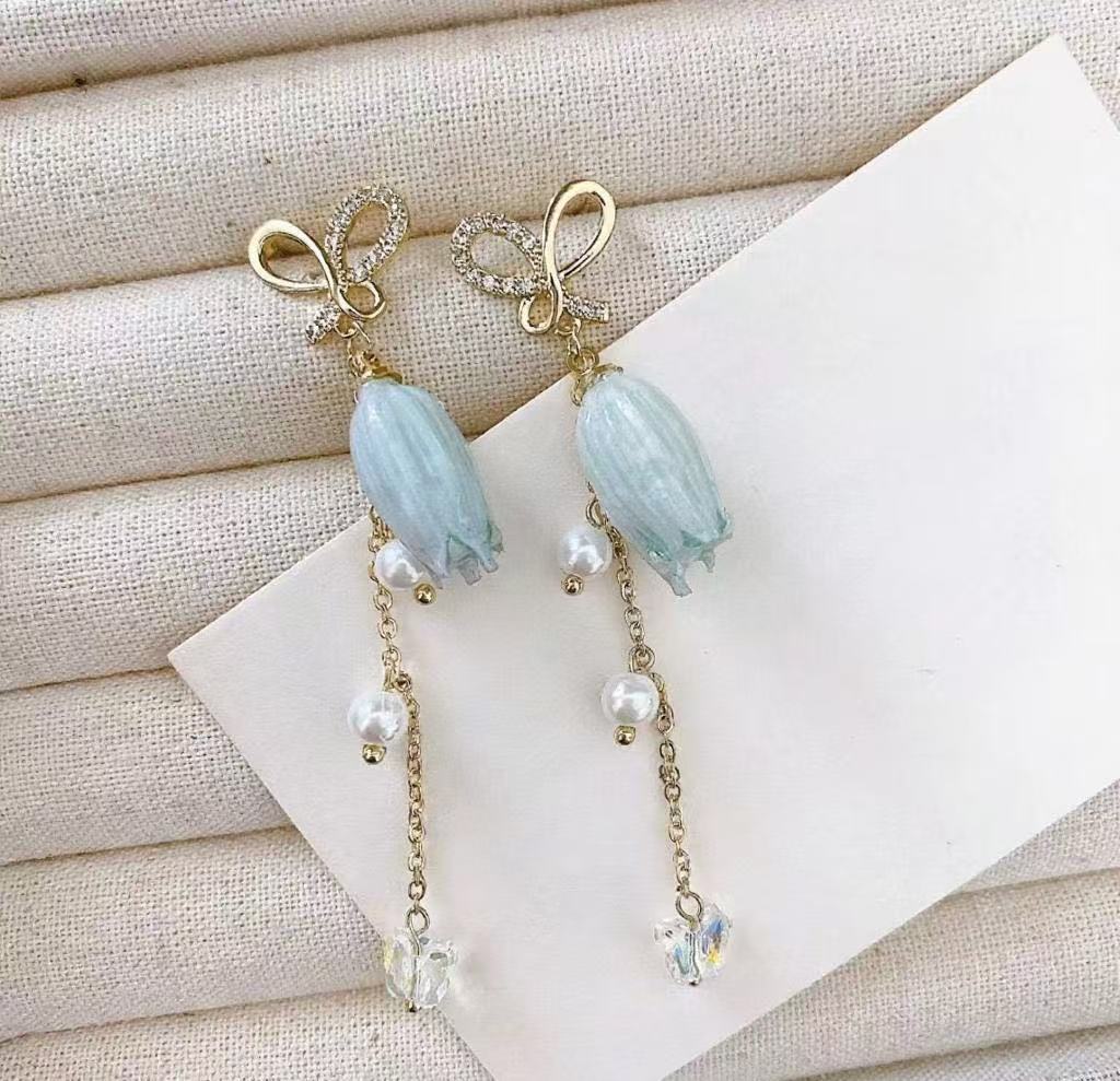 Handmade Dried Real Flower Lily of the Valley Butterfly Drop Earrings
