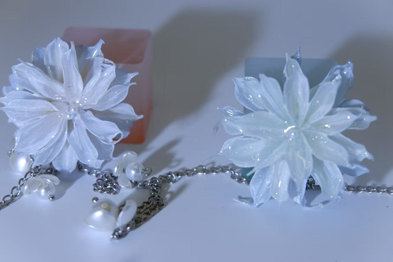 Handmade Iridescent Transparent Light Blue Epiphyllum Layered Necklace