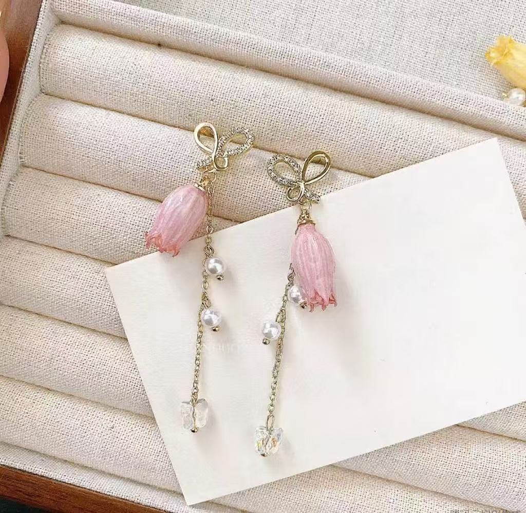 Handmade Dried Real Flower Lily of the Valley Butterfly Drop Earrings